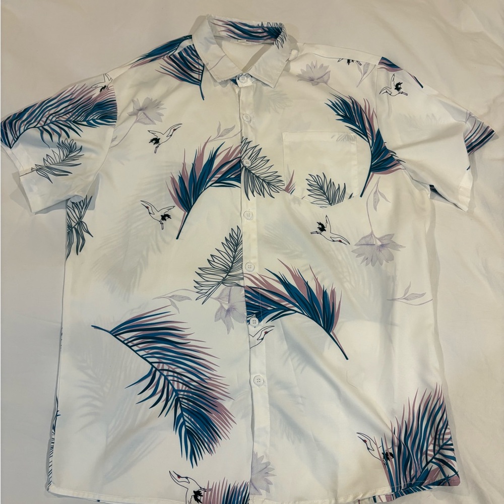 SHEIN White and Blue Casual Button Down Shirt with Tropical Print size Large